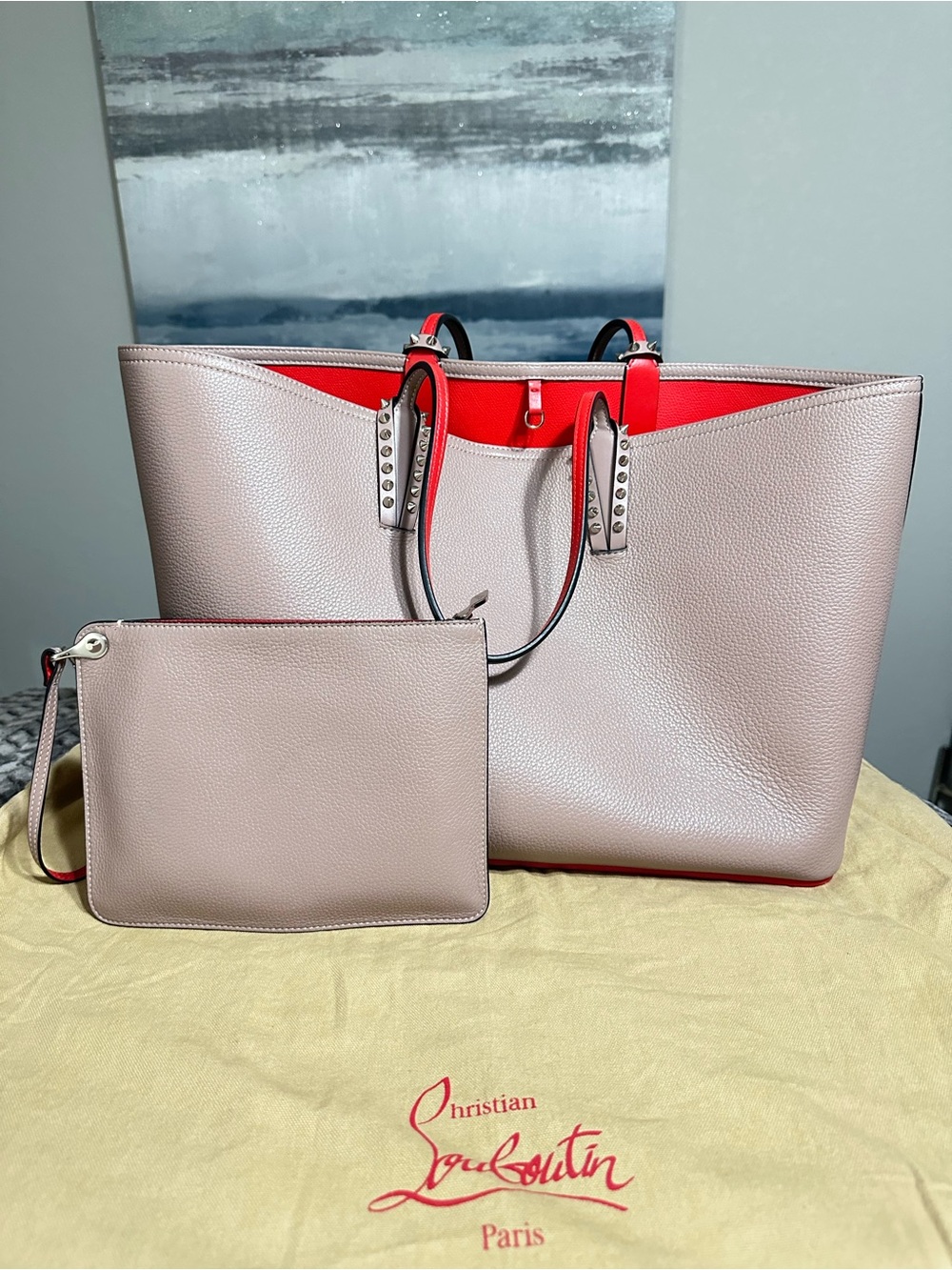 Christian Louboutin Large Cabata Tote Bag with Matching Pouch Beige/Taupe & Red - Picture 2 of 9